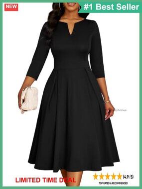 Women's Midi Fit & Flare Church Dress 3/4 Sleeve V-Neck Work Dress